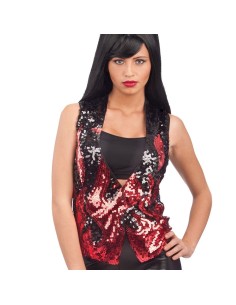 Gilet con paillettes rosse e nere effetto fiamme indossato da donna per feste a tema