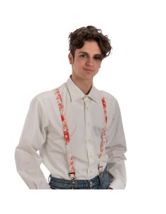 Bretelle bianche insanguinate horror per costume Halloween su modello con camicia bianca