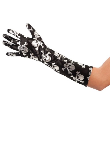 Guanti lunghi neri con stampa teschi argento indossati su braccio, accessorio Halloween gothic