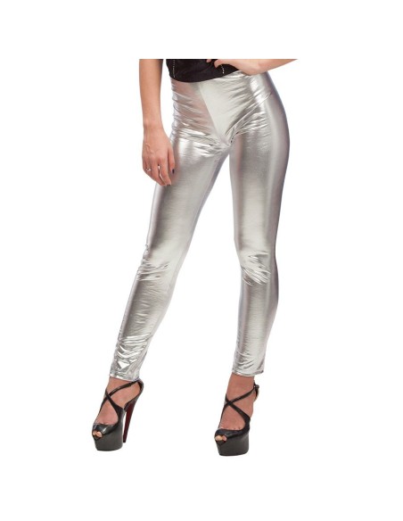 Leggings argento metallizzati lucidi elasticizzati con scarpe nere con tacco alto