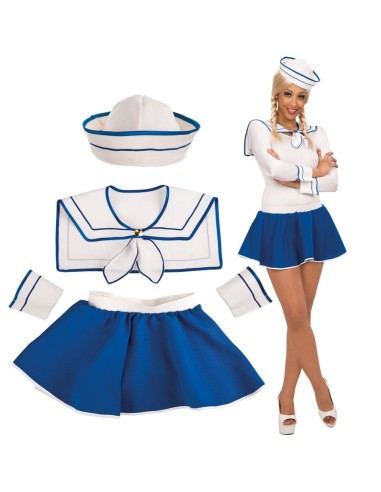 Set costume marinaretta donna con gonna blu, top bianco, cappellino e accessori navy per feste a tema
