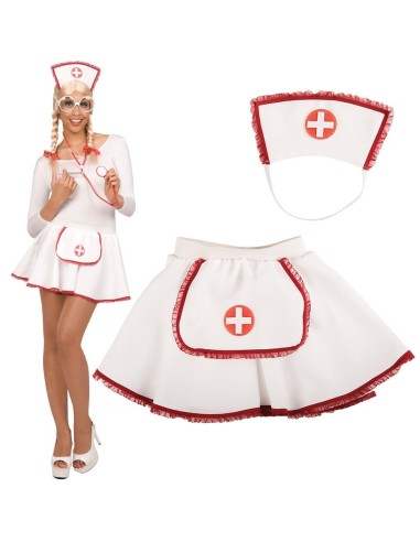 Costume infermiera bianco con gonna corta e cuffietta con croce rossa per feste a tema