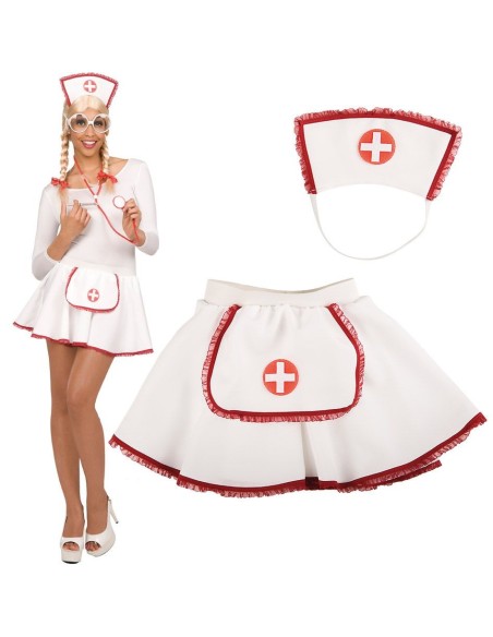 Costume infermiera bianco con gonna corta e cuffietta con croce rossa per feste a tema