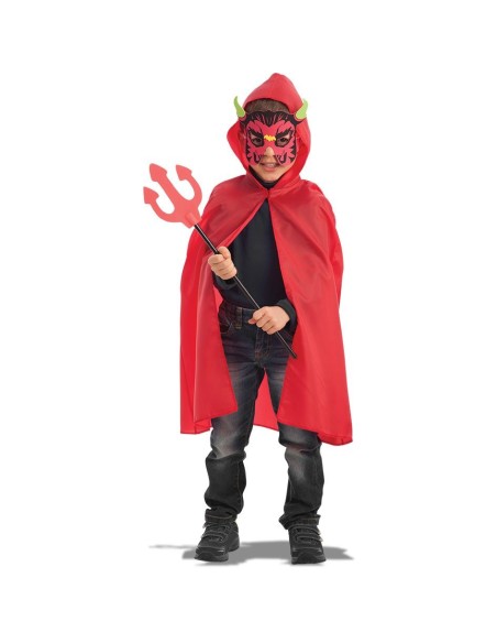 Set costume diavoletto con mantello rosso cappuccio maschera eva corna e forcone per travestimenti Halloween