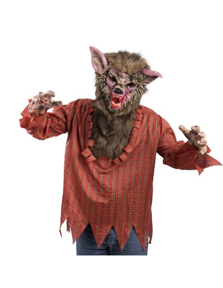 Costume uomo lupo con camicia rossa strappata pelosa e maschera licantropo per Halloween