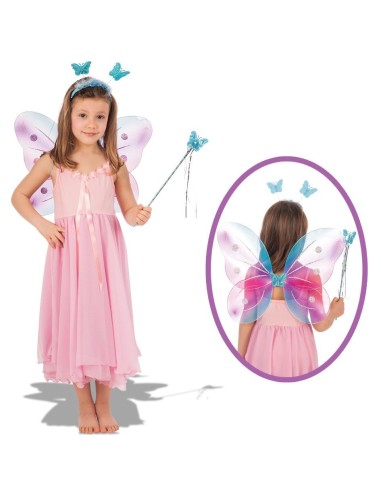 Set costume farfallina con ali multicolori rosa azzurre, cerchietto decorativo e bacchetta magica per bambine