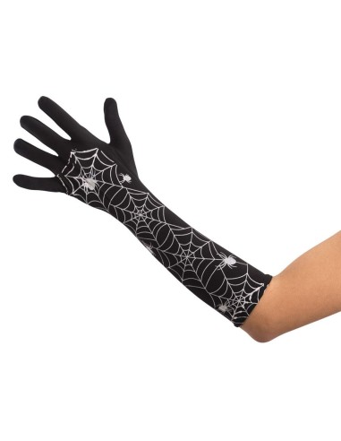 Guanti neri lunghi decorati con ragnatele argentate per costumi Halloween horror gothic