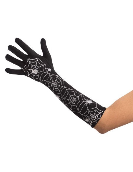 Guanti neri lunghi decorati con ragnatele argentate per costumi Halloween horror gothic