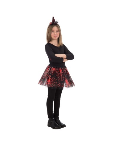 Bambina con tutù nero decorato ragnatele rosse e cappellino da strega per costume Halloween