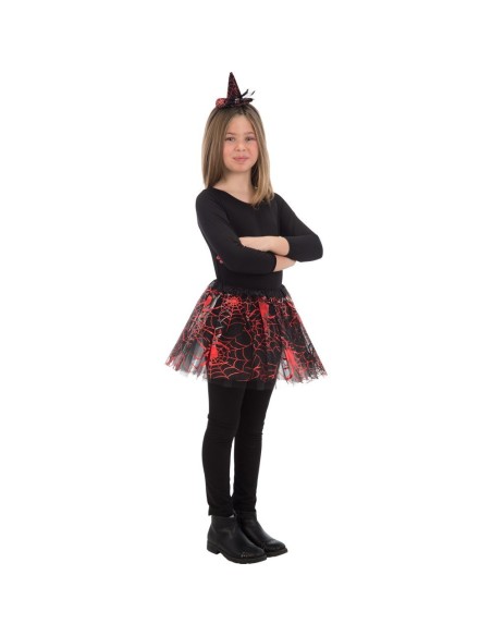Bambina con tutù nero decorato ragnatele rosse e cappellino da strega per costume Halloween