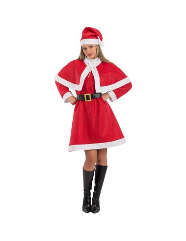 Costume da Babbo Natale donna con abito rosso, mantello, cappello e cintura nera per feste natalizie