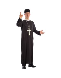 Costume da prete nero con tunica lunga, colletto bianco e croce dorata per Halloween e feste a tema