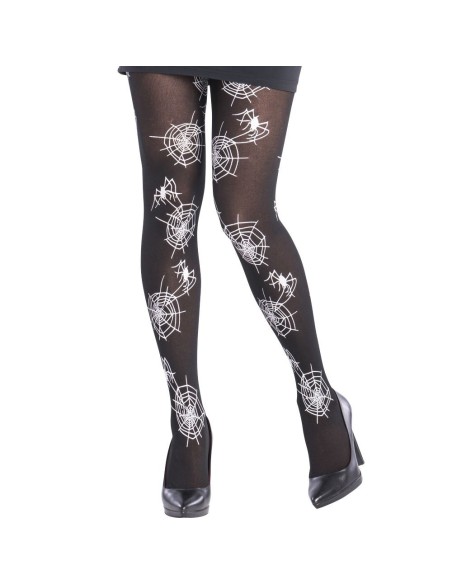 Collant neri con motivo ragnatele bianche per costumi Halloween e feste horror dark gotico