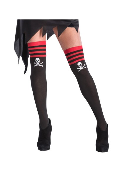 Calze piratessa nere con teschi bianchi e strisce rosse per costume Halloween