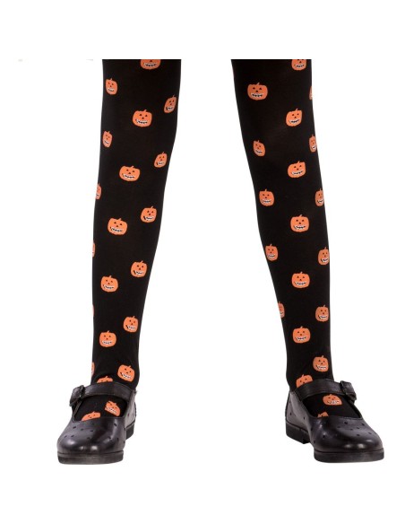 Collant neri con zucchette arancioni Halloween per bambina con scarpe nere
