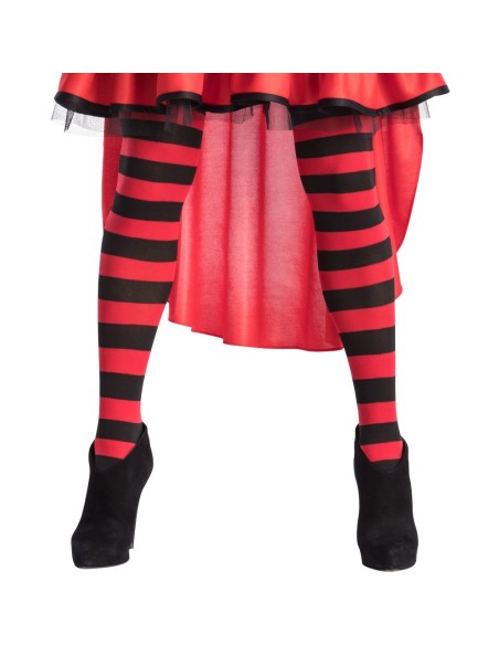 Collant a righe rosse e nere indossati con gonna rossa per costume Halloween donna