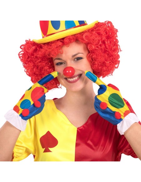 Guanti da clown multicolore con motivi a cerchi colorati su base bianca per costume circo