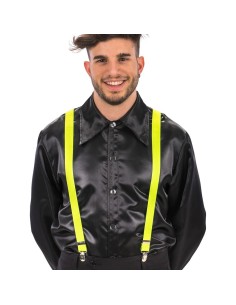 Bretelle giallo fluo indossate su camicia nera, accessorio costume per feste a tema