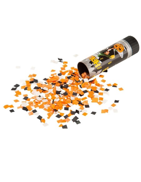 Party popper Halloween con coriandoli arancioni e neri che fuoriescono dal tubo a molla da 15 cm