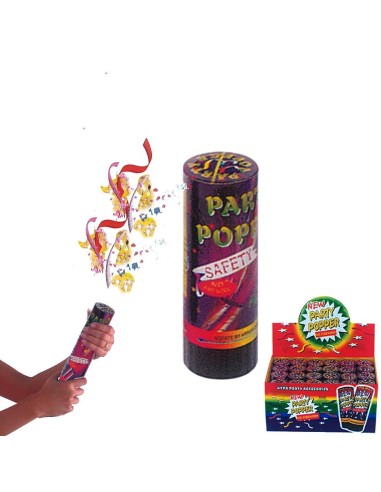 Party popper a molla con esplosione di coriandoli colorati e nastri per feste