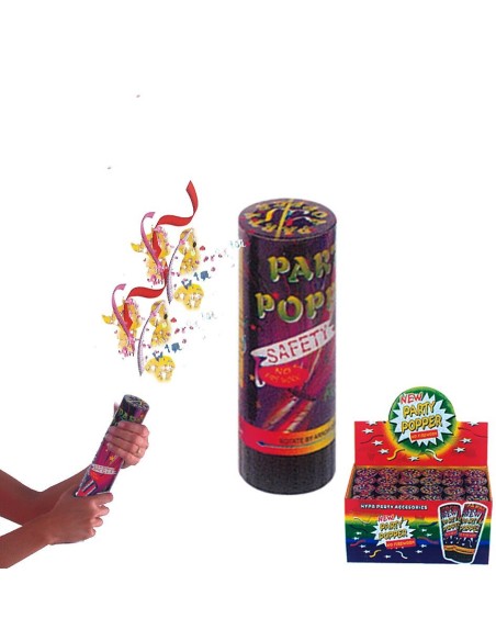 Party popper a molla con esplosione di coriandoli colorati e nastri per feste