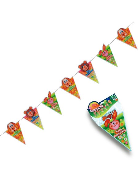 Festone bandierine BUON COMPLEANNO multicolore con personaggi festosi lungo 140 cm per decorazioni party
