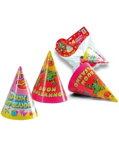 Set 6 cappellini compleanno colorati a cono con scritta Buon Compleanno colori assortiti