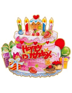 Poster Happy Birthday glitter 40x40cm con torta colorata e candeline per decorazioni compleanno