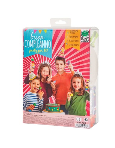 Set festa compleanno con bambini che indossano cappellini colorati e tengono party popper e palloncini