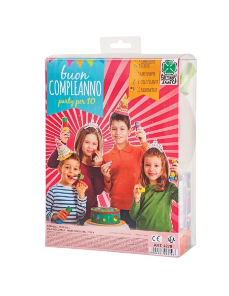Set festa compleanno con bambini che indossano cappellini colorati e tengono party popper e palloncini