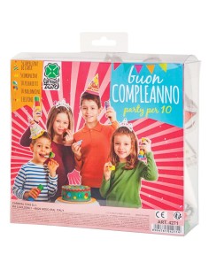 Set compleanno con bambini che indossano cappelli e corone colorate per festa