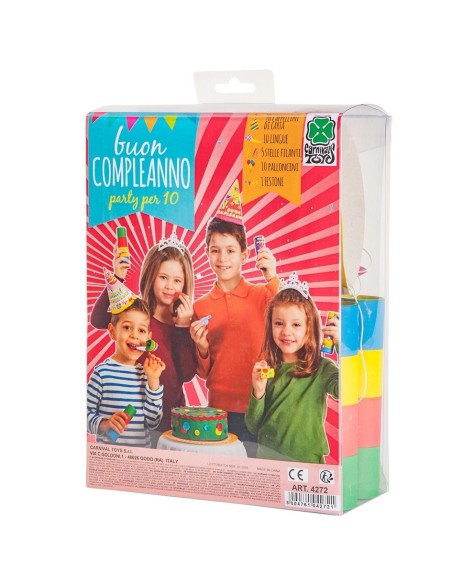 Set festa compleanno con bambini che indossano cappellini colorati e tengono palloncini multicolore