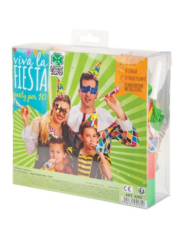 Party set carnevale con maschere colorate, cappelli a cono, ministelle e lingue matte-pazze per feste di gruppo