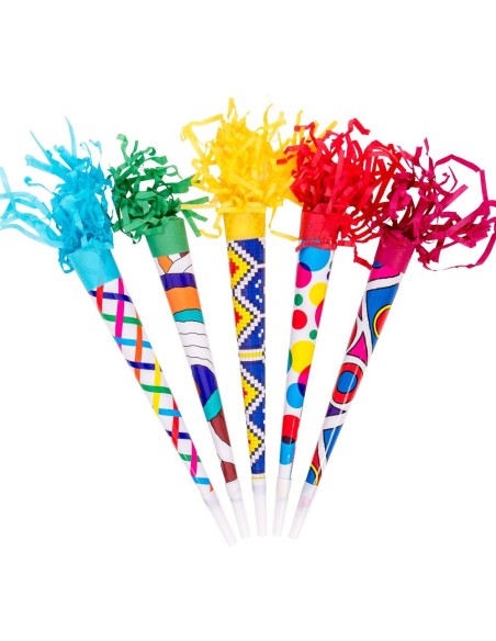 Set 36 trombe da festa colorate con frange multicolori lunghe 35 cm per celebrazioni