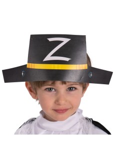 Cappello cavaliere nero in carta con fascia dorata indossato da bambino per feste a tema medievale