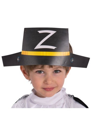 Cappello cavaliere nero in carta con fascia dorata indossato da bambino per feste a tema medievale