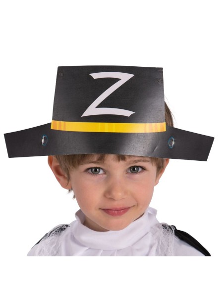 Cappello cavaliere nero in carta con fascia dorata indossato da bambino per feste a tema medievale