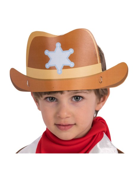 Cappello cowboy carta marrone con stella sceriffo per costume western bambino