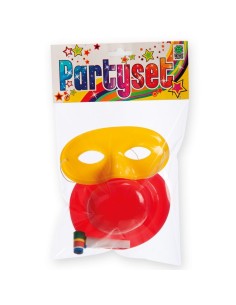 Party set con domino giallo, lingua rossa e cappellino per feste di carnevale