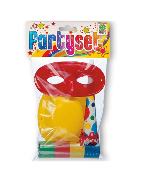 Party set con cappello giallo, domino rosso, stella e tromba per feste e carnevale