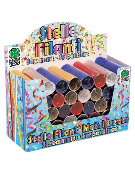 Espositore 40 stelle filanti metallizzate colorate rotolini per feste Carnevale