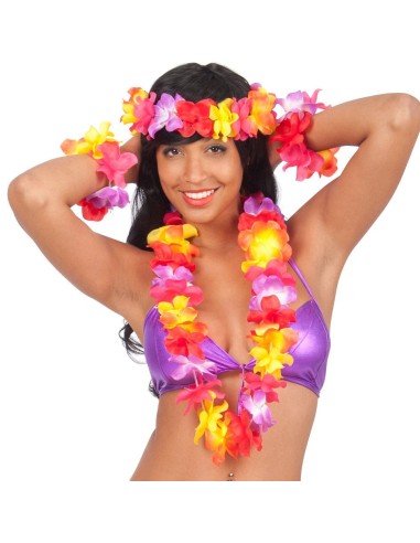 Set accessori Hawaii con collana, frontalino e bracciali floreali multicolore rosa giallo rosso per feste tropicali
