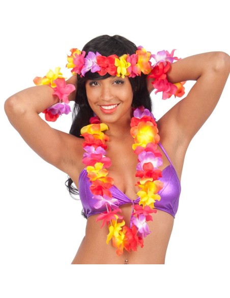 Set accessori Hawaii con collana, frontalino e bracciali floreali multicolore rosa giallo rosso per feste tropicali