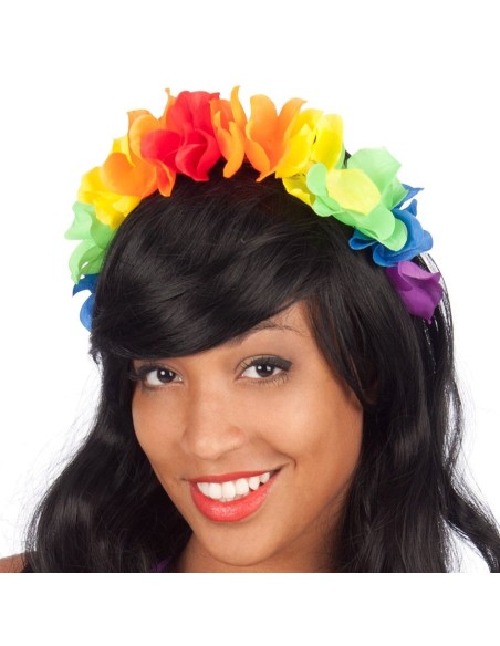 Cerchietto Hawaii con fiori colorati arcobaleno in stoffa per feste tropicali e costume hawaiano