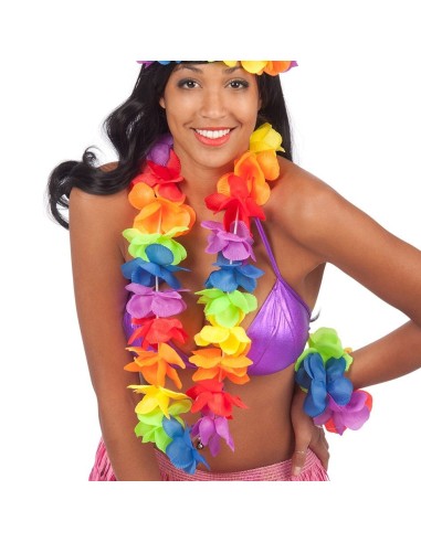 Collana hawaiana multicolore con fiori arcobaleno in stoffa per feste tema tropicale hawaii