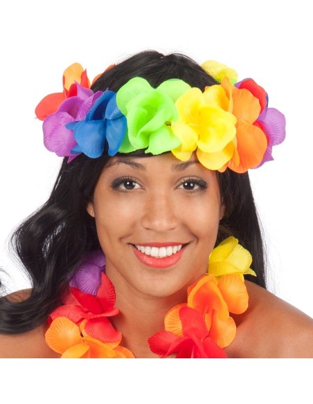 Frontalino Hawaii con fiori colorati arcobaleno indossato da donna sorridente per feste tropicali