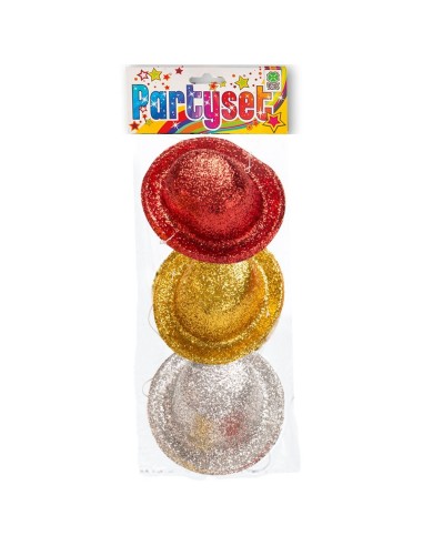 Set tre cappellini da festa glitterati rosso oro argento per party e celebrazioni