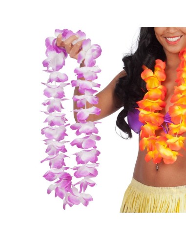 Collana hawaiana con grandi fiori viola e bianchi in stoffa accessorio tropicale costume Hawaii