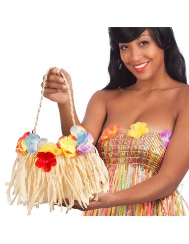 Borsina Hawaii con frange naturali e fiori colorati multicolore per feste a tema tropicale