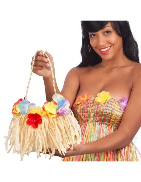 Borsina Hawaii con frange naturali e fiori colorati multicolore per feste a tema tropicale